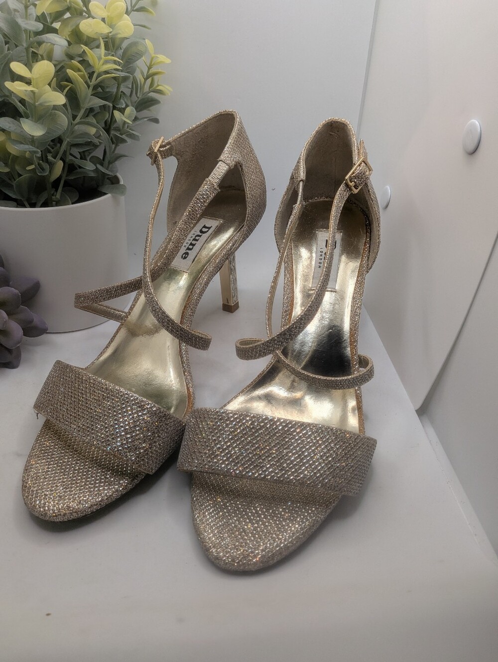 Dune London Gold Glitter Ankle-Strap Heels